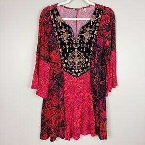 Soft Surroundings Blouse Womens Medium Embroidered Velvet Boho Top Red Black Top